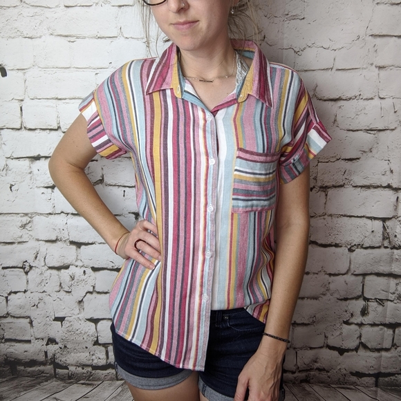 Aqua Tops - Aqua Multi Colored Striped Button Down